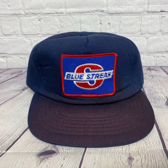 Vintage Trucker Hat Foam Cap Snapback Navy Blue Blue Streak Patch DISCOLORATION - Picture 5 of 12